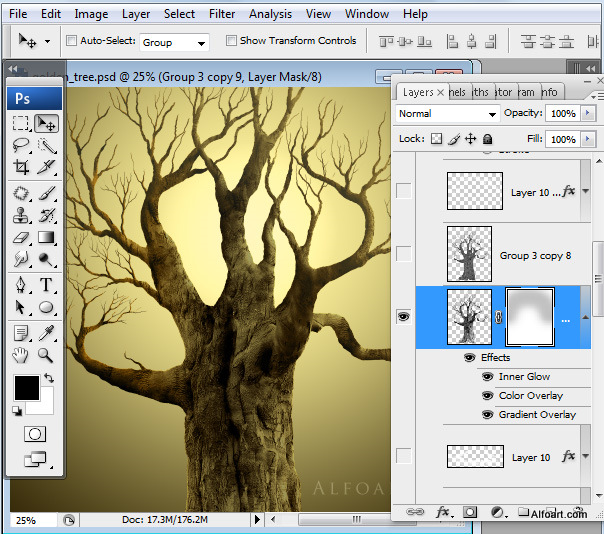 Golden apple tree. Magic scene. Adobe Photoshop Tutorial.